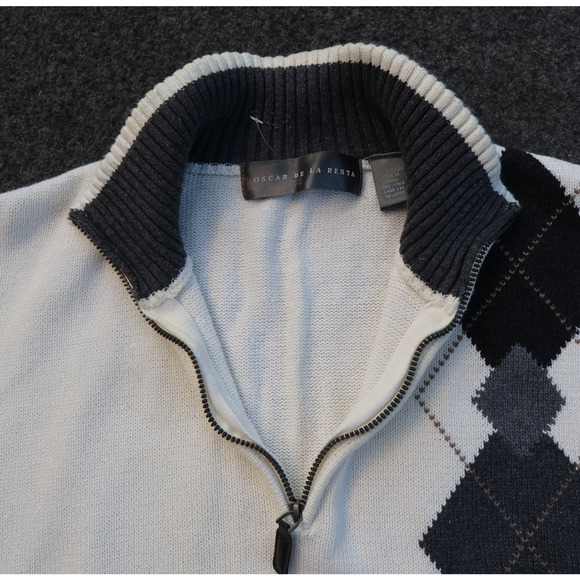 OSCAR DE LA RENTA Ivory Sweater Mens Ivory Sz XL 1/4-Zip Agryle Cotton Geek EUC - Picture 2 of 15